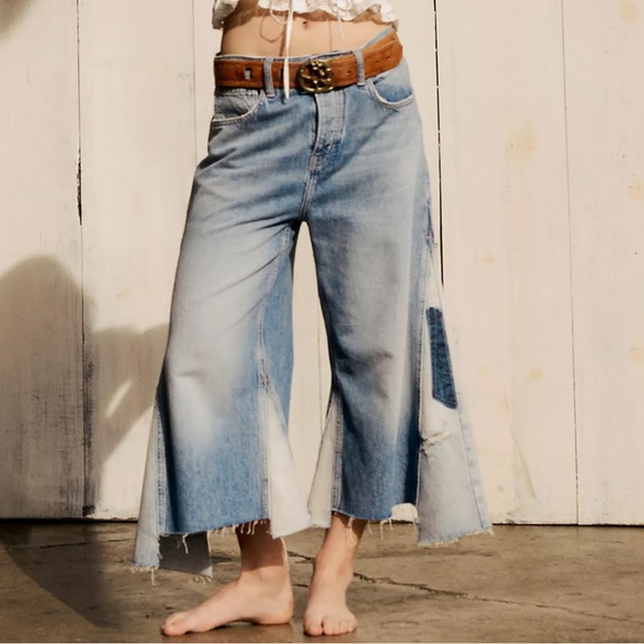 We The Free Ripple Wide-Leg Pieced Cropped Jeans Size 25 Color Blue - Picture 3 of 16